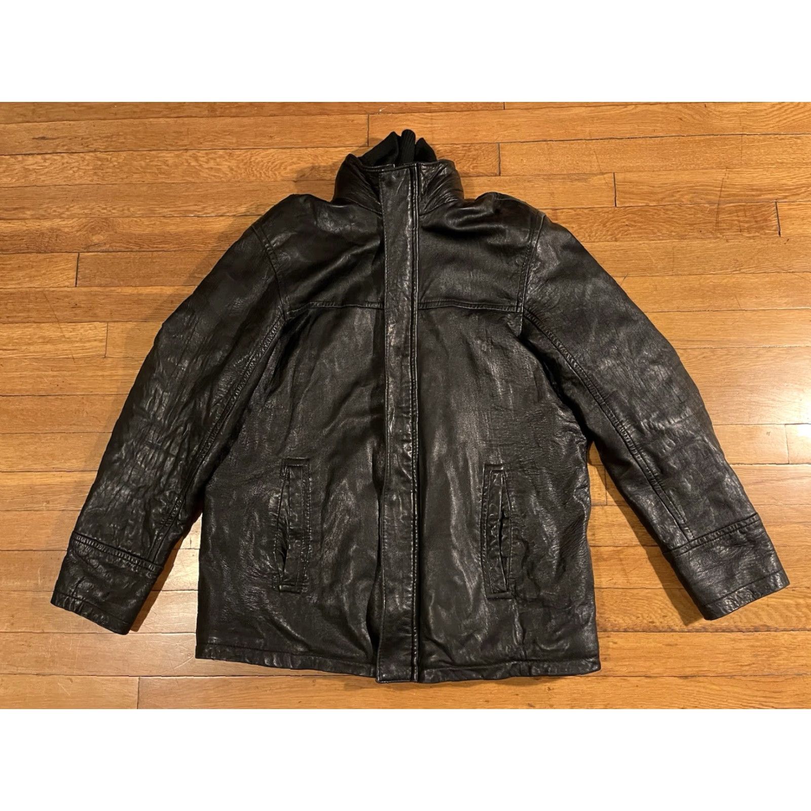 VINTAGE IZOD Leather Bomber Jacket Men’s M Black Zip-In Knit Collar