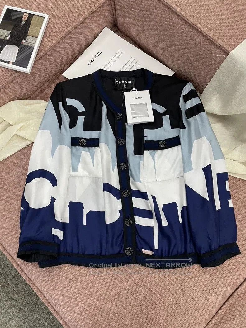 Chanel Color Block Letter Silk Long Sleeve Top.