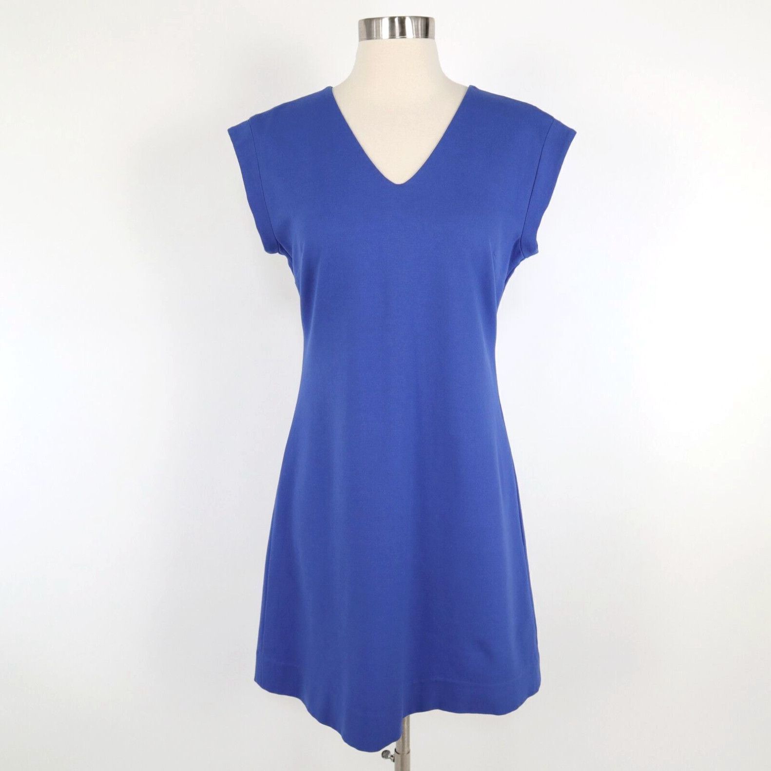 image of Vintage Kate Spade A-Line Dress 4 Royal Blue Ponte V-Neck Exposed Gold Zip in White, Women's (Size 