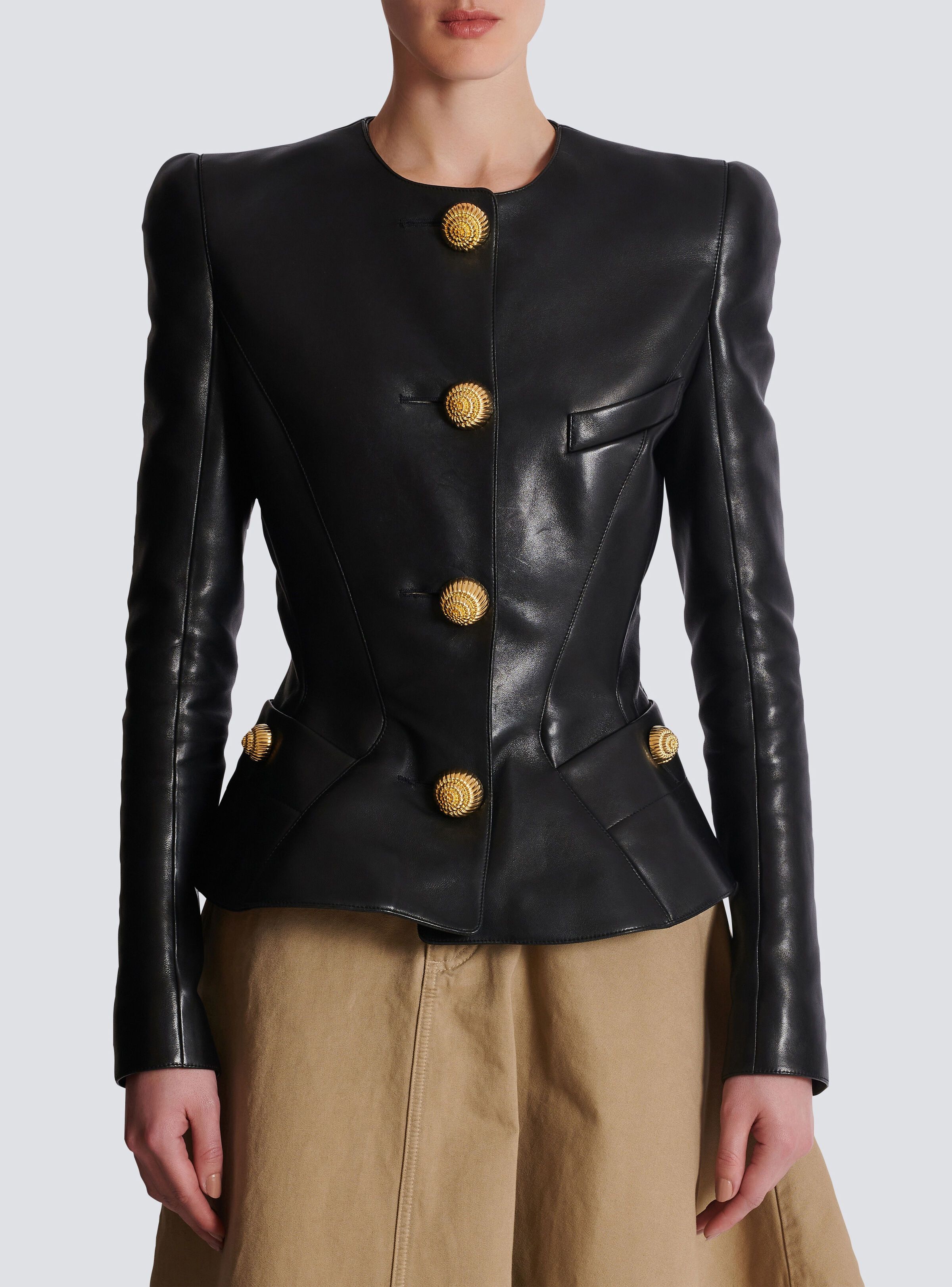 Balmain o1s1wg111025 Lambskin Leather Peplum Jacket in Black Size XS / US 0-2 / IT 36-38 - 5 Thumbnail