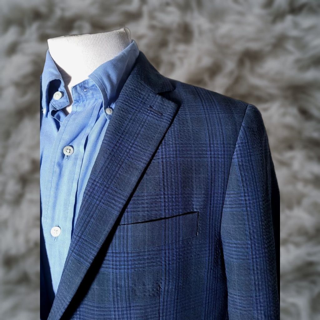 John Varvatos John Varvatos Sport Coat Jacket Seersucker Wool Blend Blue Black Check 40S Short Notch Lapel Men's Size US XXS / EU 40 - 1 Thumbnail