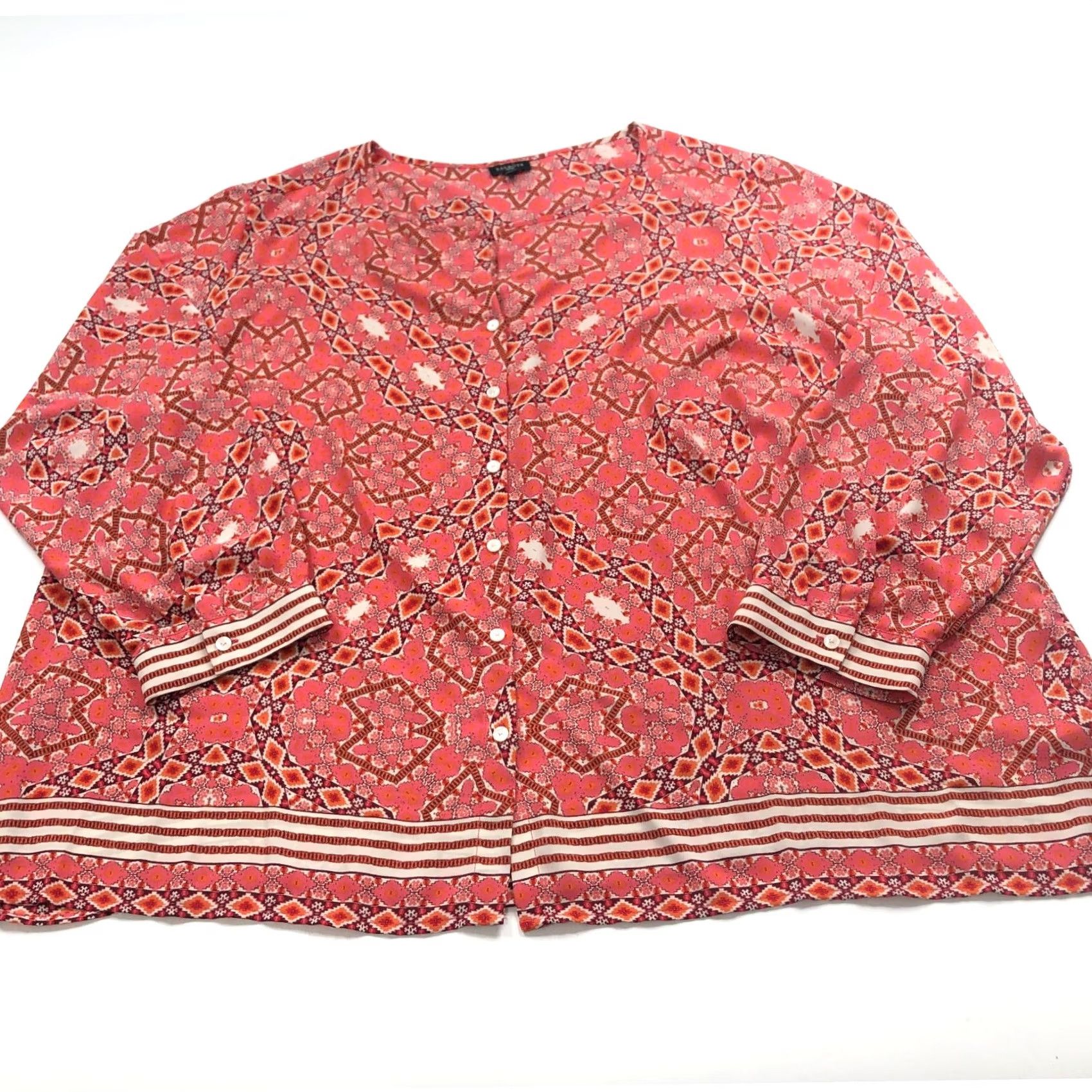 Talbots Talbots Plus 3X All Over Print Polyester Button Long Sleeve Shirt Orange Pink Womens Blouse Geometric Round Neck Casual Size XXL / US 16-18 / IT 52-54 - 2 Thumbnail