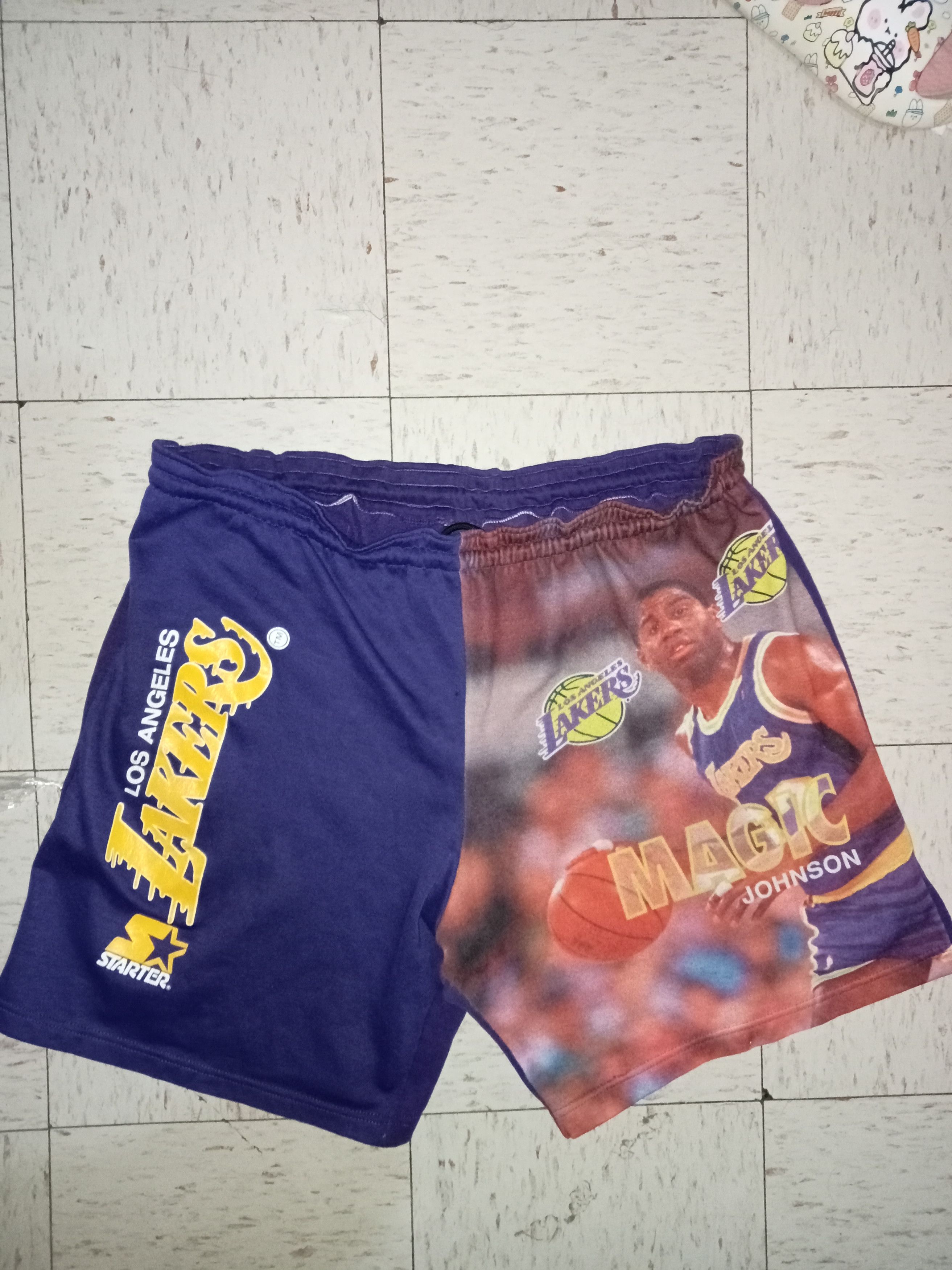 image of L A Lakers x Starter Vintage 90's Magic Johnson All Overprint Shorts Starter in Purple Yellow (Size