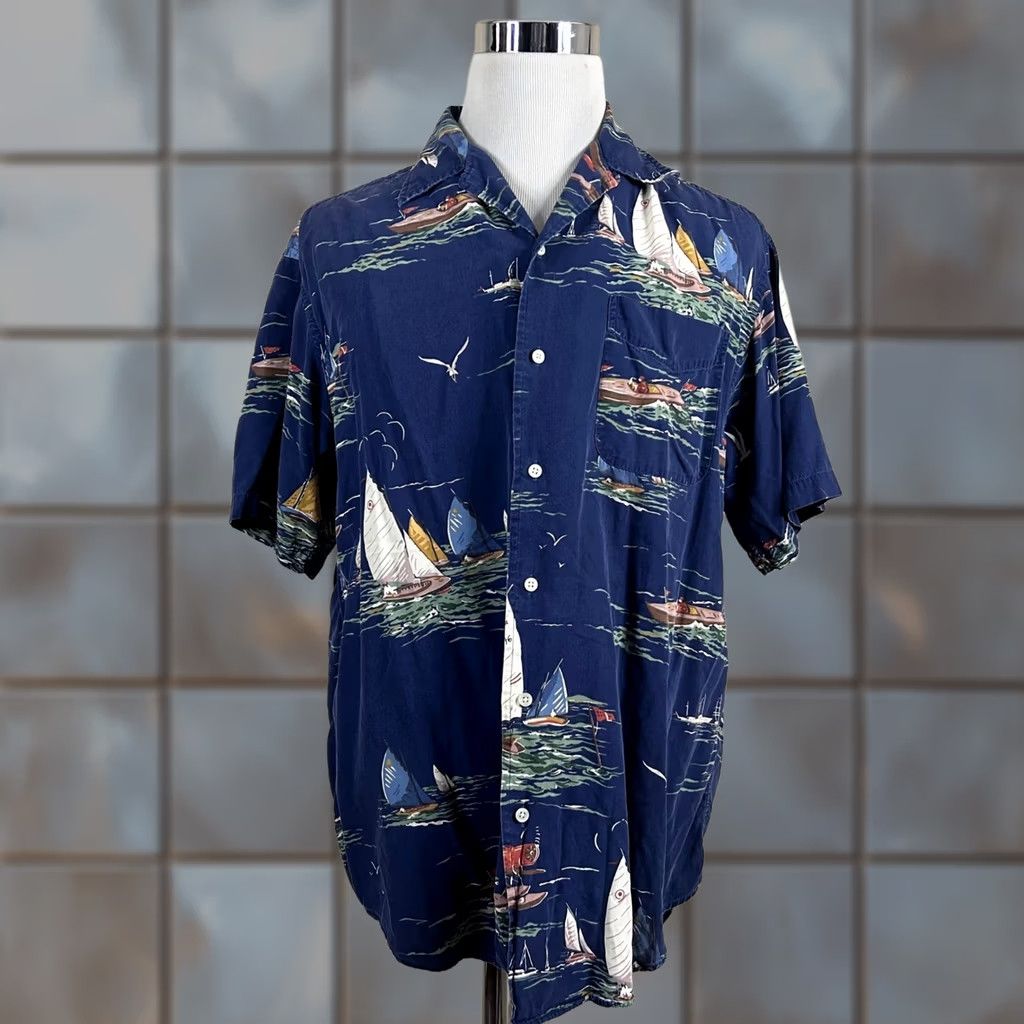 Tommy Hilfiger Tommy Hilfiger Mens Medium Blue Hawaiian Shirt Nautical Sailboat Print Rayon Size US M / EU 48-50 / 2 - 1 Thumbnail