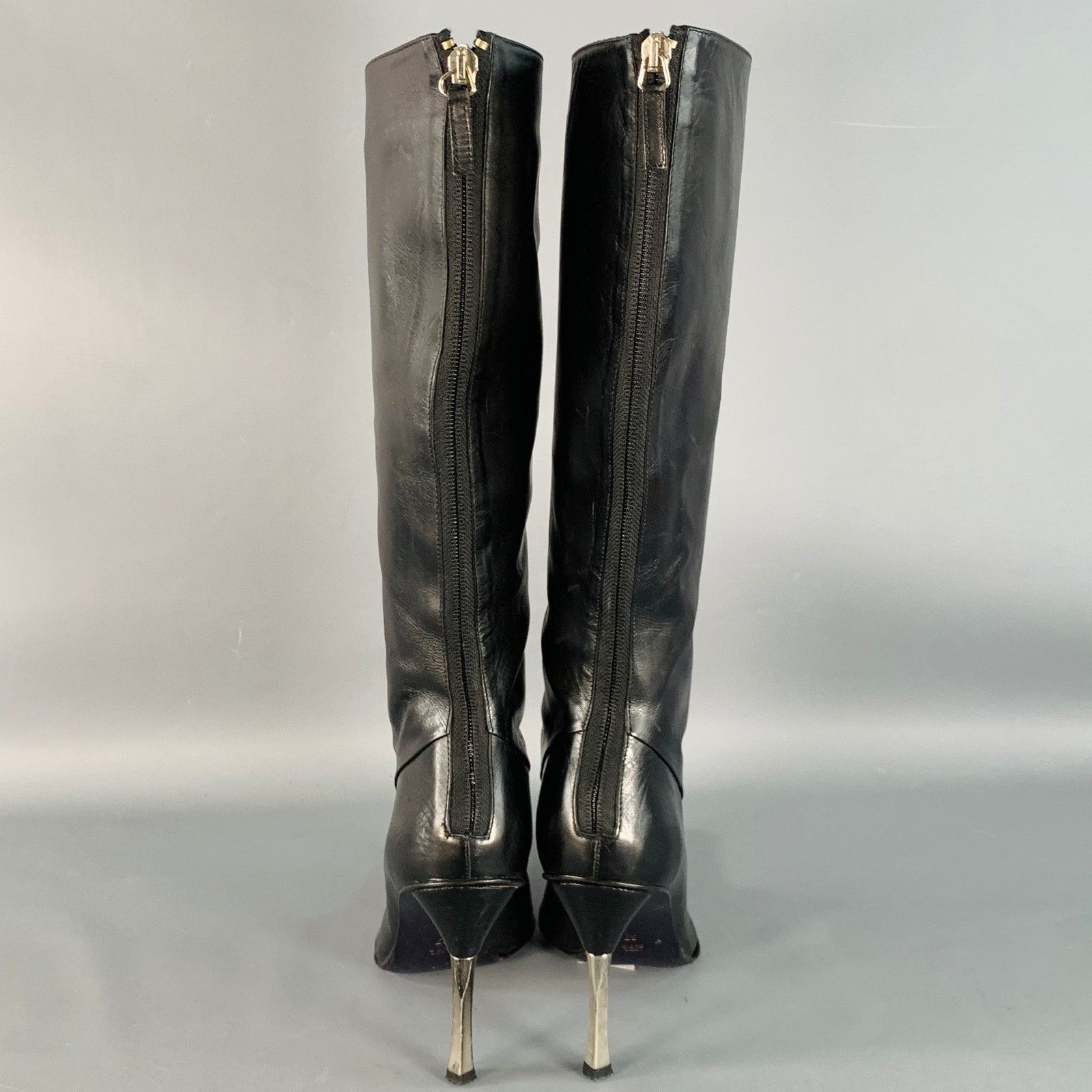 Les Copains 7 Black Silver Leather Back Zipper Calf High Stiletto Boots Size US 7 / IT 37 - 3 Thumbnail
