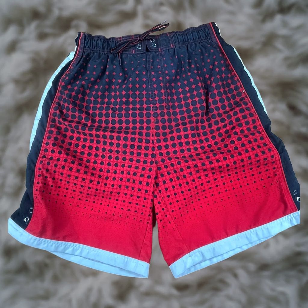 Vintage Unknown Shorts Mens M Medium RedBlackWhite Drawstring Swim Trunks 100% Polyester Size US 31 - 1 Thumbnail