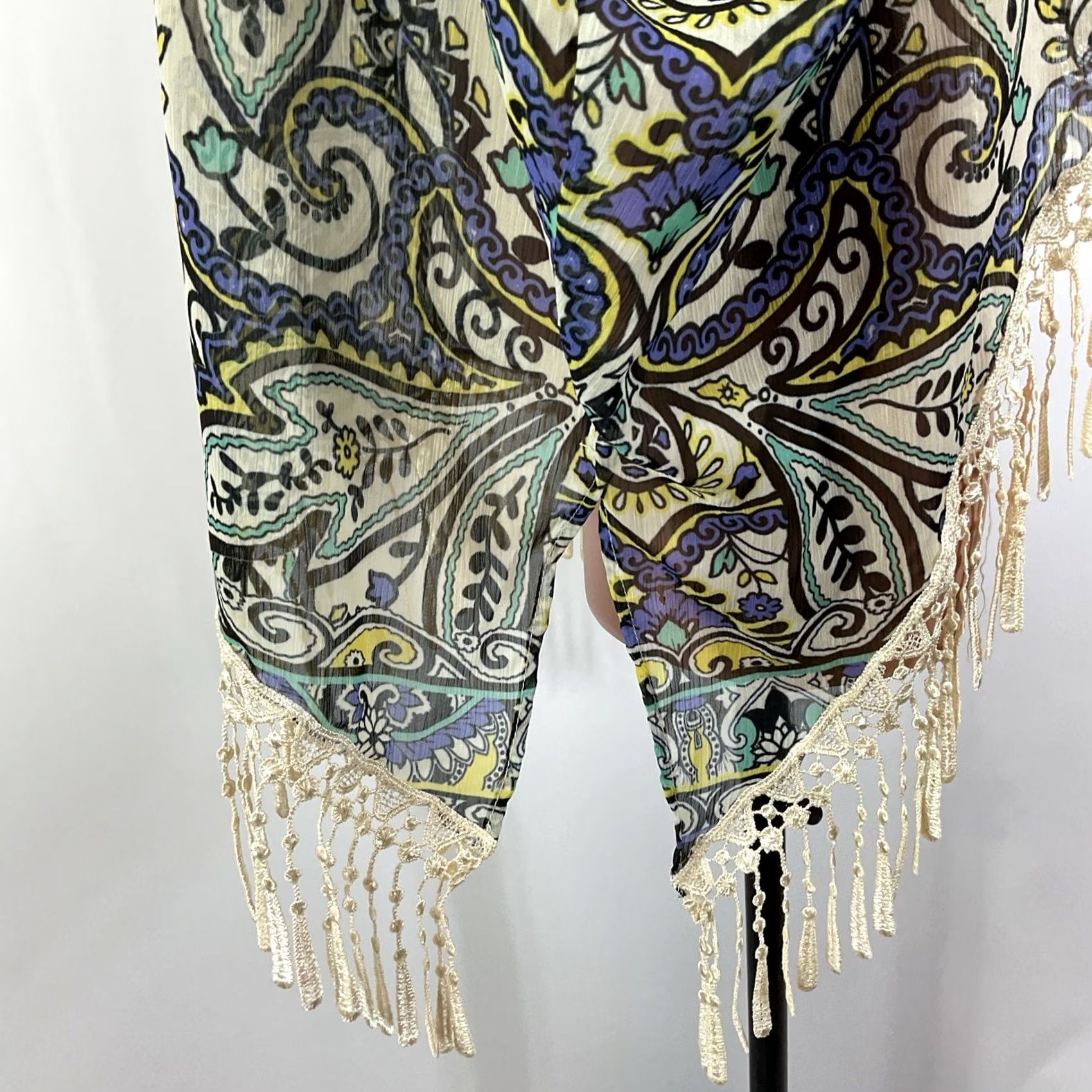 Vintage VINTAGE BECCA fringe trim swim cover up kaftan blue Paisley Floral XS Women Cover Up Fringe XS Blue Paisley Floral Size ONE SIZE - 6 Thumbnail