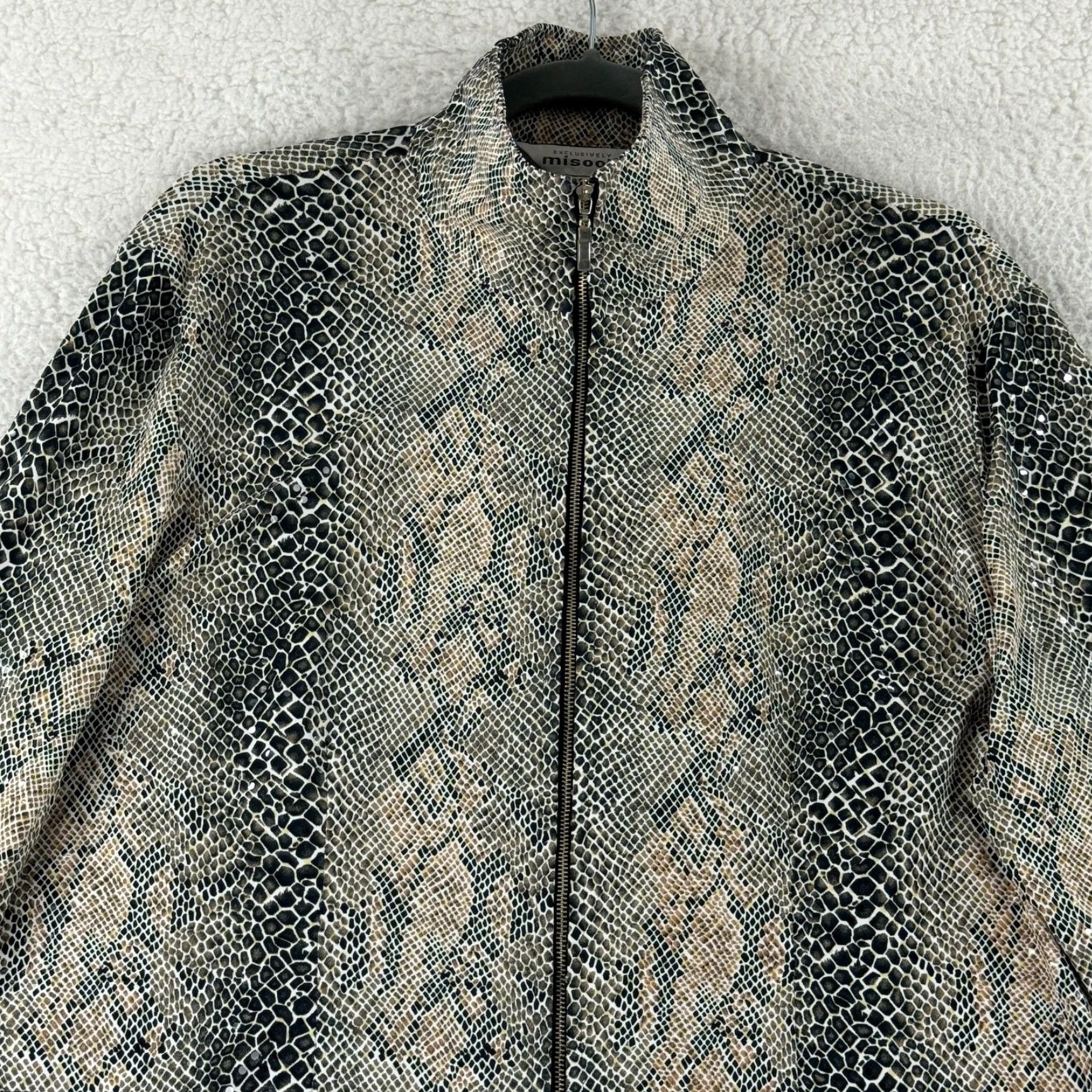 Vintage Exclusively Misook Jacket Womens Medium Brown Black Snakeskin Sequins Full Zip Jacket Size M / US 6-8 / IT 42-44 - 3 Thumbnail
