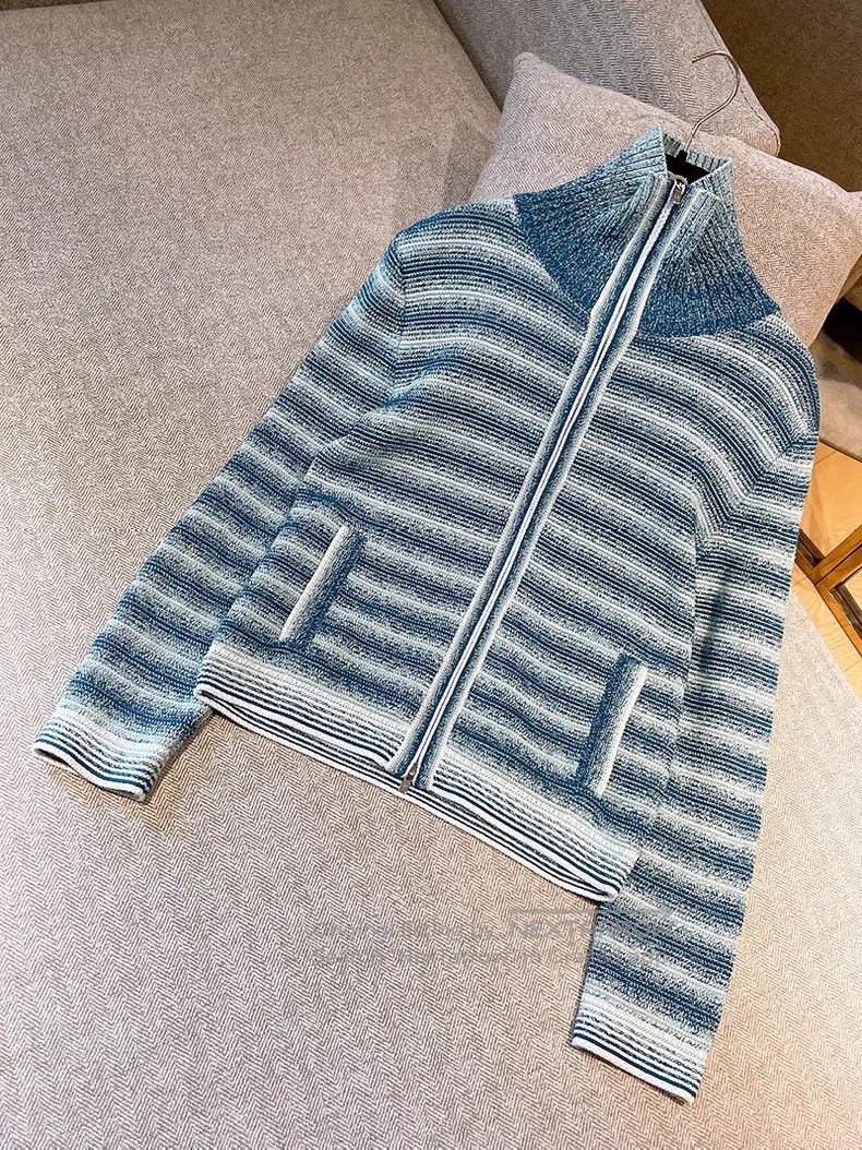 Loro Piana Loro Piana Blue and White Gradient Striped Collar Knit Car Size XS / US 0-2 / IT 36-38 - 1 Thumbnail