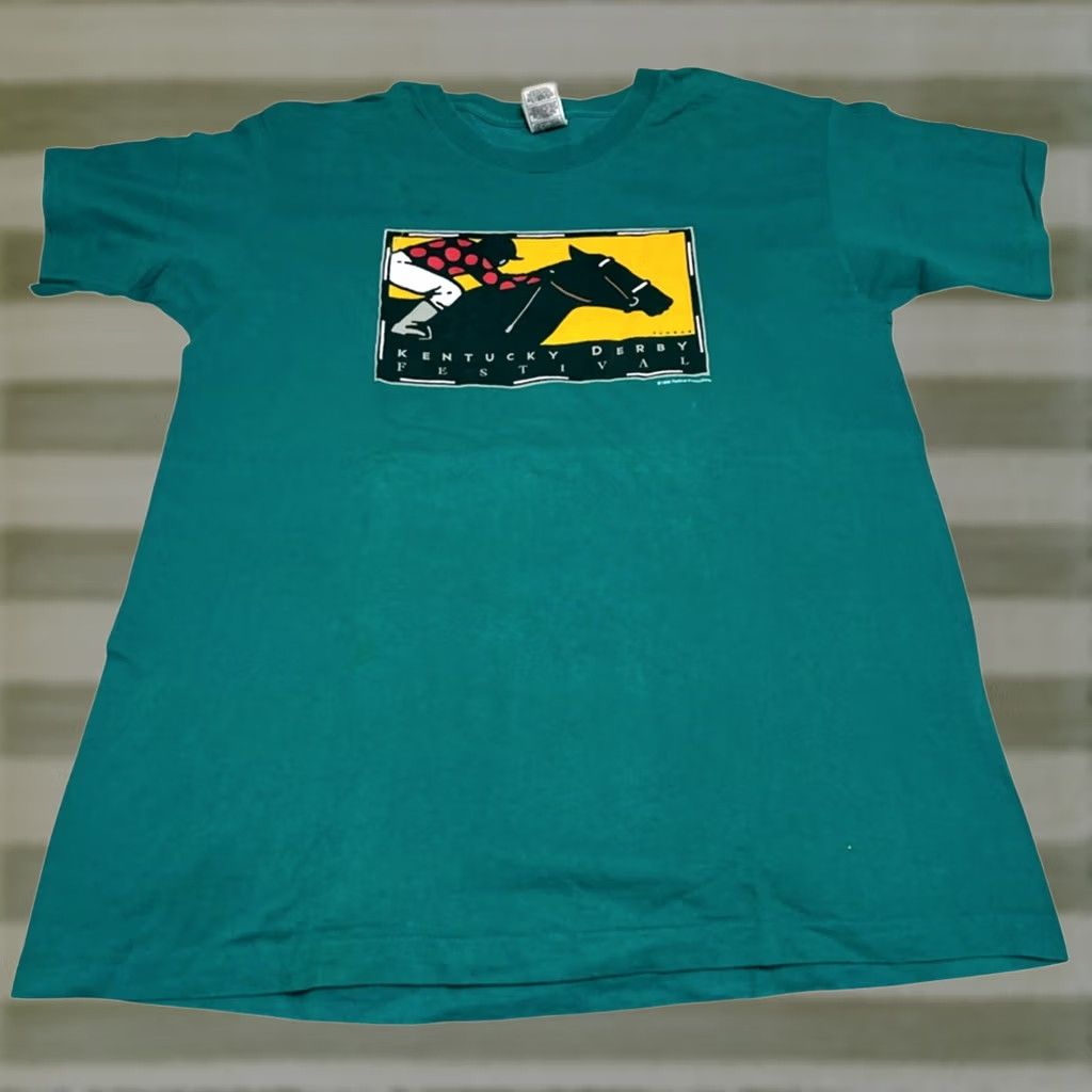 Fruit Of The Loom VINTAGE Kentucky Derby Shirt Mens XL Fruit of the Loom Green 90s Single Stitch DEADSTOCK Size US XL / EU 56 / 4 - 1 Thumbnail