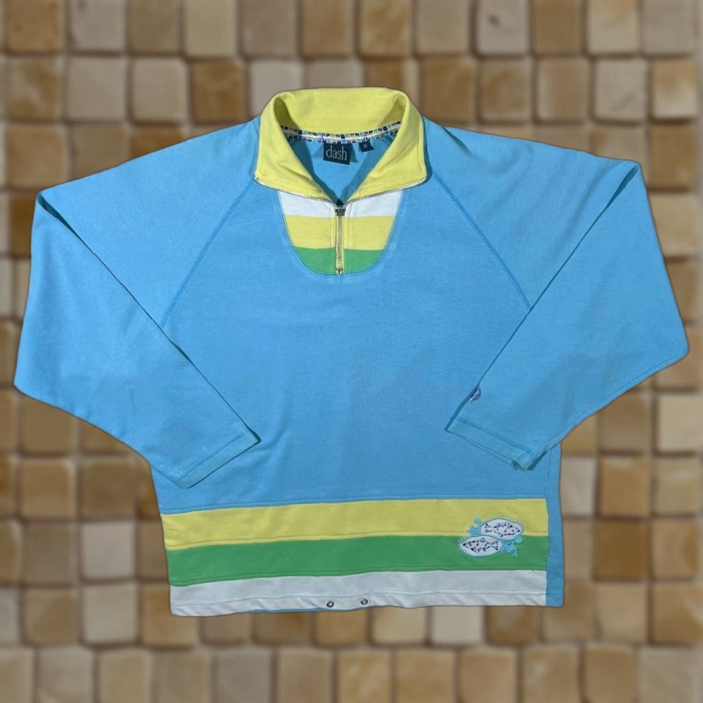 ASH VINTAGE Dash Colour Block Embroidered Fish 1/4 Zip Sweatshirt Women's UK 14 Blue/Yellow/Green/White Pullover Size XL / US 12-14 / IT 48-50 - 1 Thumbnail