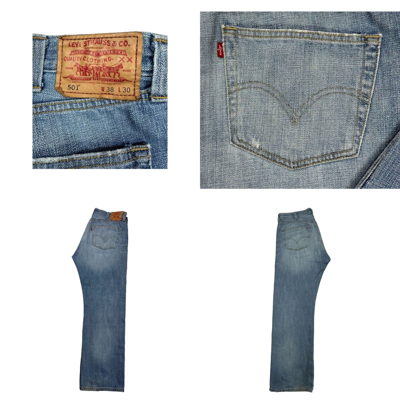 VINTAGE Levi's 501 Mens Straight Leg Jeans 38x30 Light Blue Distressed Denim 90s