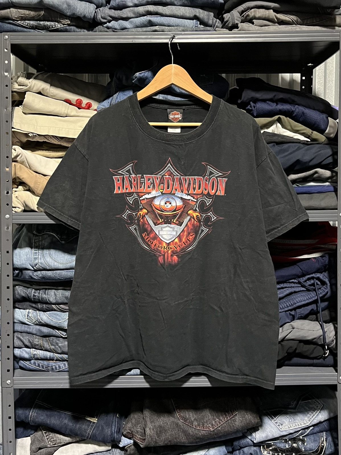 Harley Davidson × Vintage Crazy Vintage Y2K Harley Davidson Flames Engine Logo Tee Size US XL / EU 56 / 4 - 1 Thumbnail
