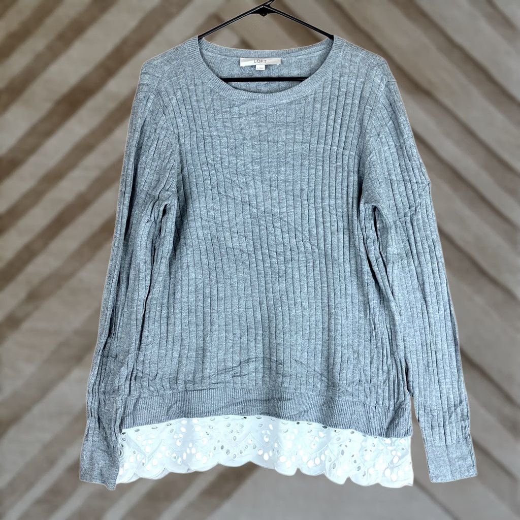 Loft LOFT Womens Sweater Gray White Ribbed Lace Trim Crew Neck Long Sleeve Large Size L / US 10 / IT 46 - 1 Thumbnail