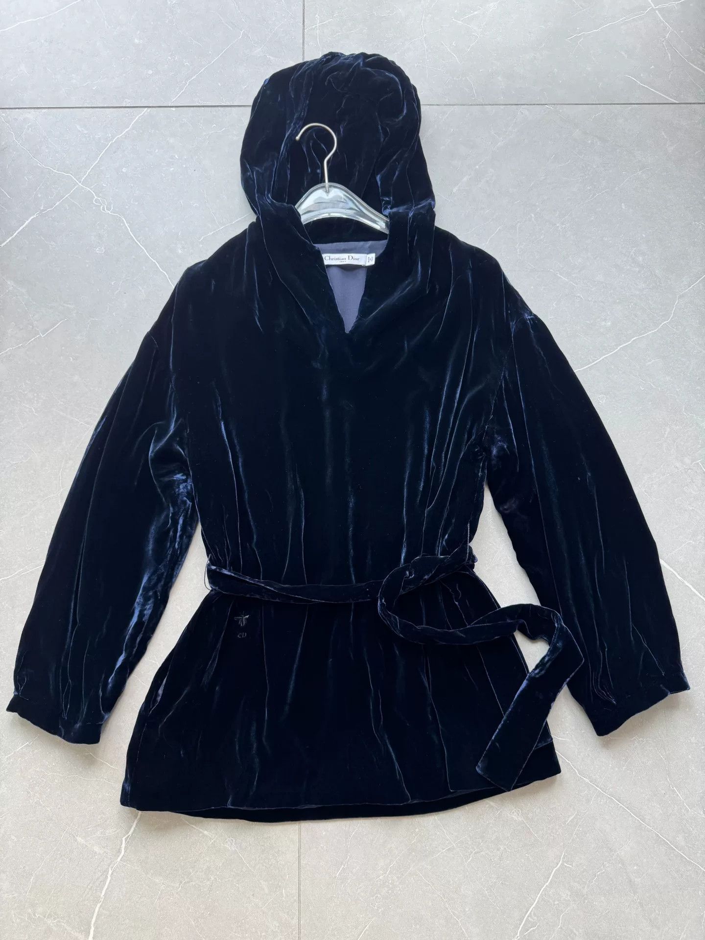 Dior Dior Dark Blue Velvet Hooded Coat Size XXS / US 00 / IT 34 - 1 Thumbnail