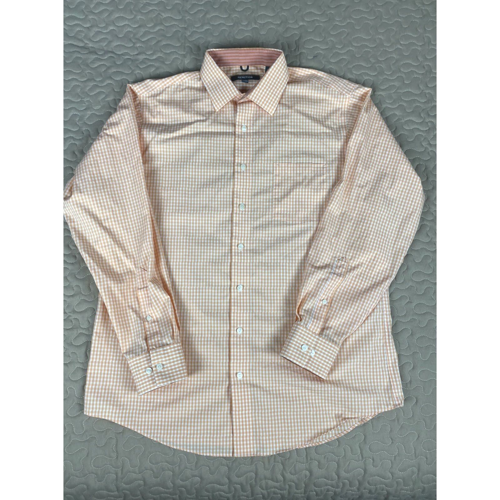 Kenneth Cole KENNETH COLE REACTION Dress Shirt Non-Iron Orange Checkered L 16.5 34/35 Mens Size 42R - 2 Thumbnail