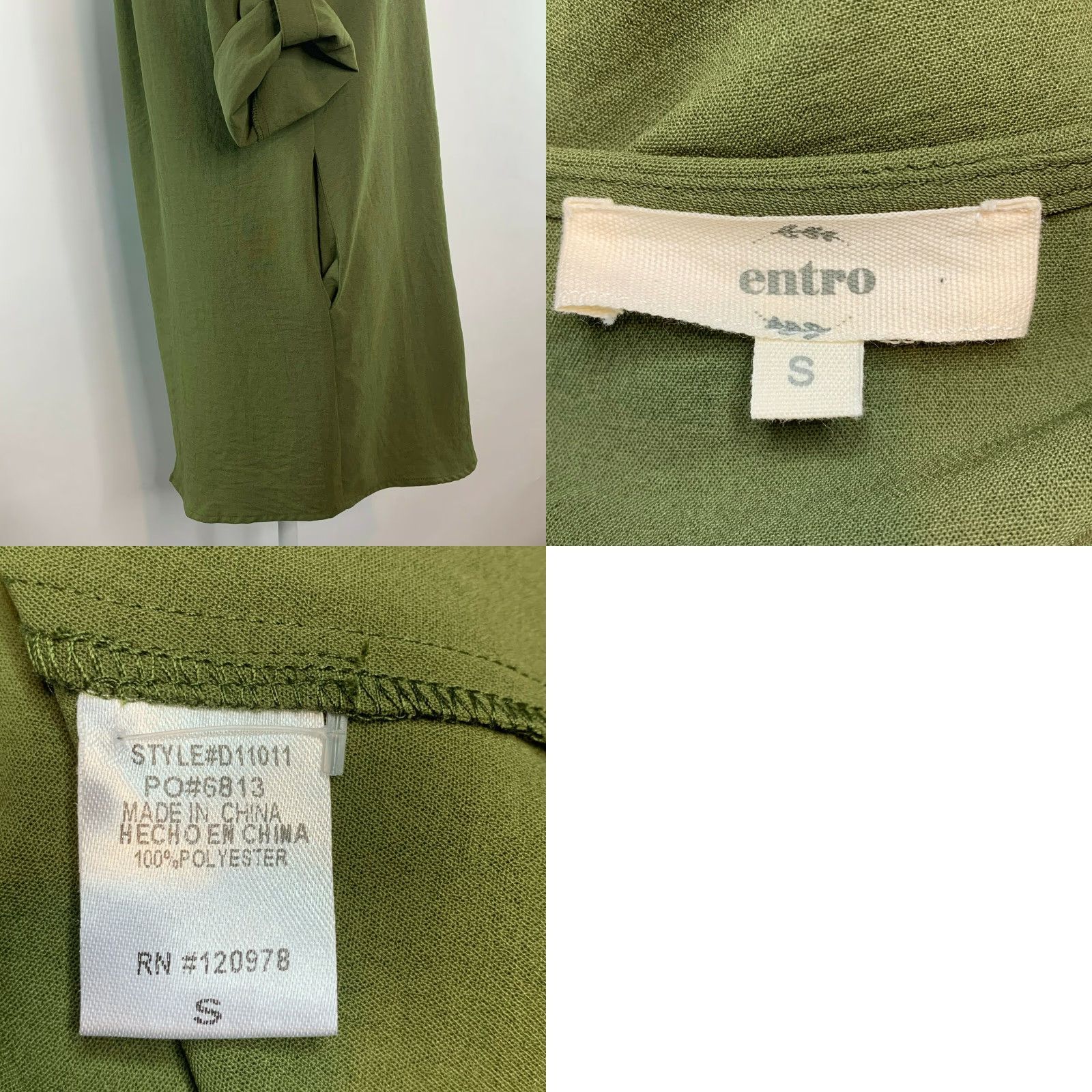Olive Entro Womens S Tunic Top Button-Up 3/4 Sleeve Olive Green Blouse Dress Size S / US 4 / IT 40 - 8 Thumbnail