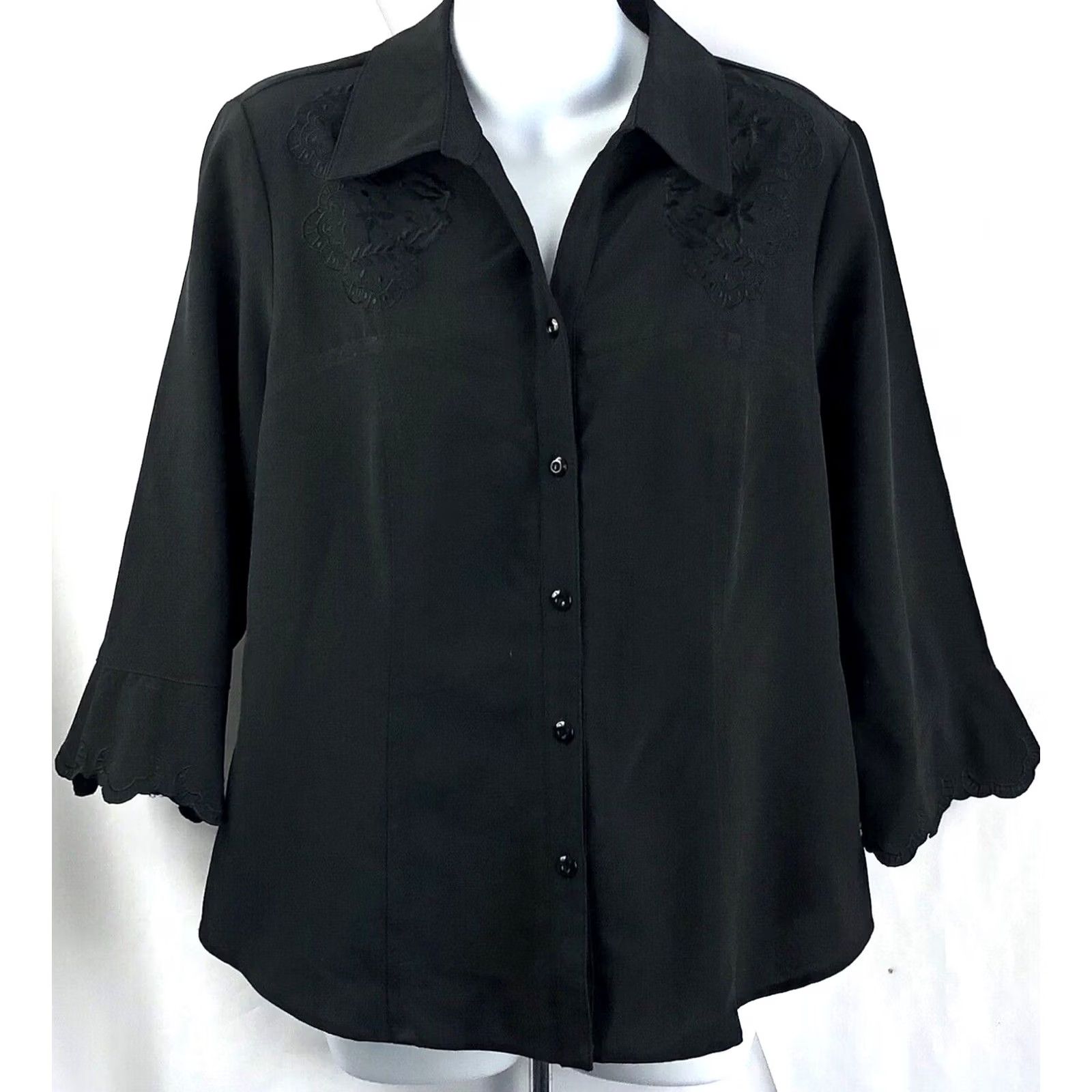 Vintage Covington Top Blouse M Black Embroidered Scalloped 3/4 Sleeve Button Up Womens Shirt Size M / US 6-8 / IT 42-44 - 5 Thumbnail