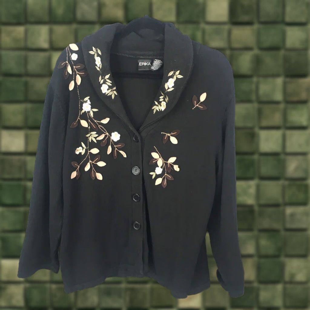 Vintage ERIKA Sweater Women L Black Ramie Embroidery Floral Cardigan Boho Long Sleeve Collared Knit Size L / US 10 / IT 46 - 1 Thumbnail