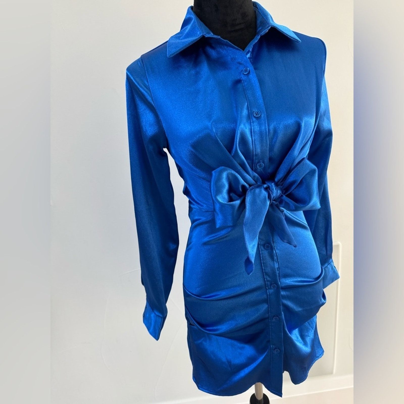 Other Elegant Blue Satin Shirt Dress size Xs Size XS / US 0-2 / IT 36-38 - 2 Thumbnail