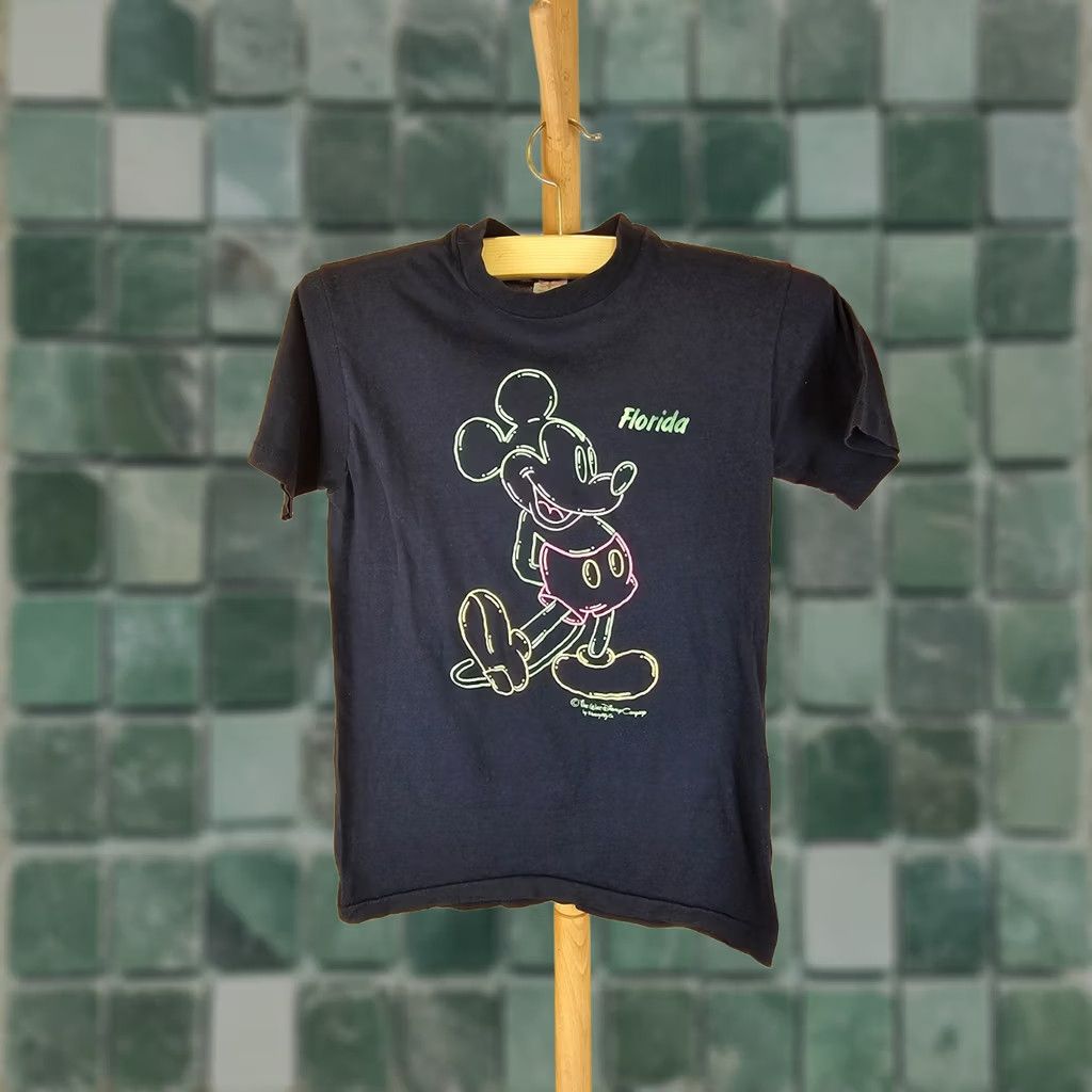 Disney VINTAGE Disney T-Shirt Mens Small Mickey Mouse Black Cotton 80s Short Sleeve Round Neck Paper Thin Single Stitch Count 16in Chest 23in Length Size US S / EU 44-46 / 1 - 1 Thumbnail