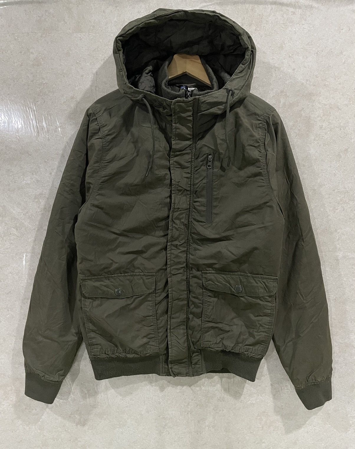 image of Vintage H&M Double Collar Bomber Jacket in Army Green, Men's (Size Medium)