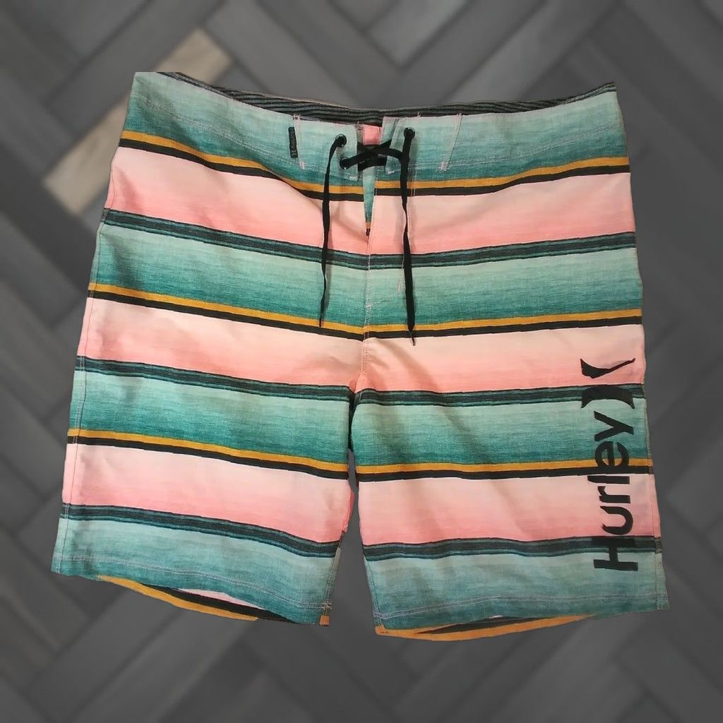 Hurley Mens Board Shorts 36 Blue Striped 90s Surfing Beach Swim Trunks Above-the-Knee Pockets