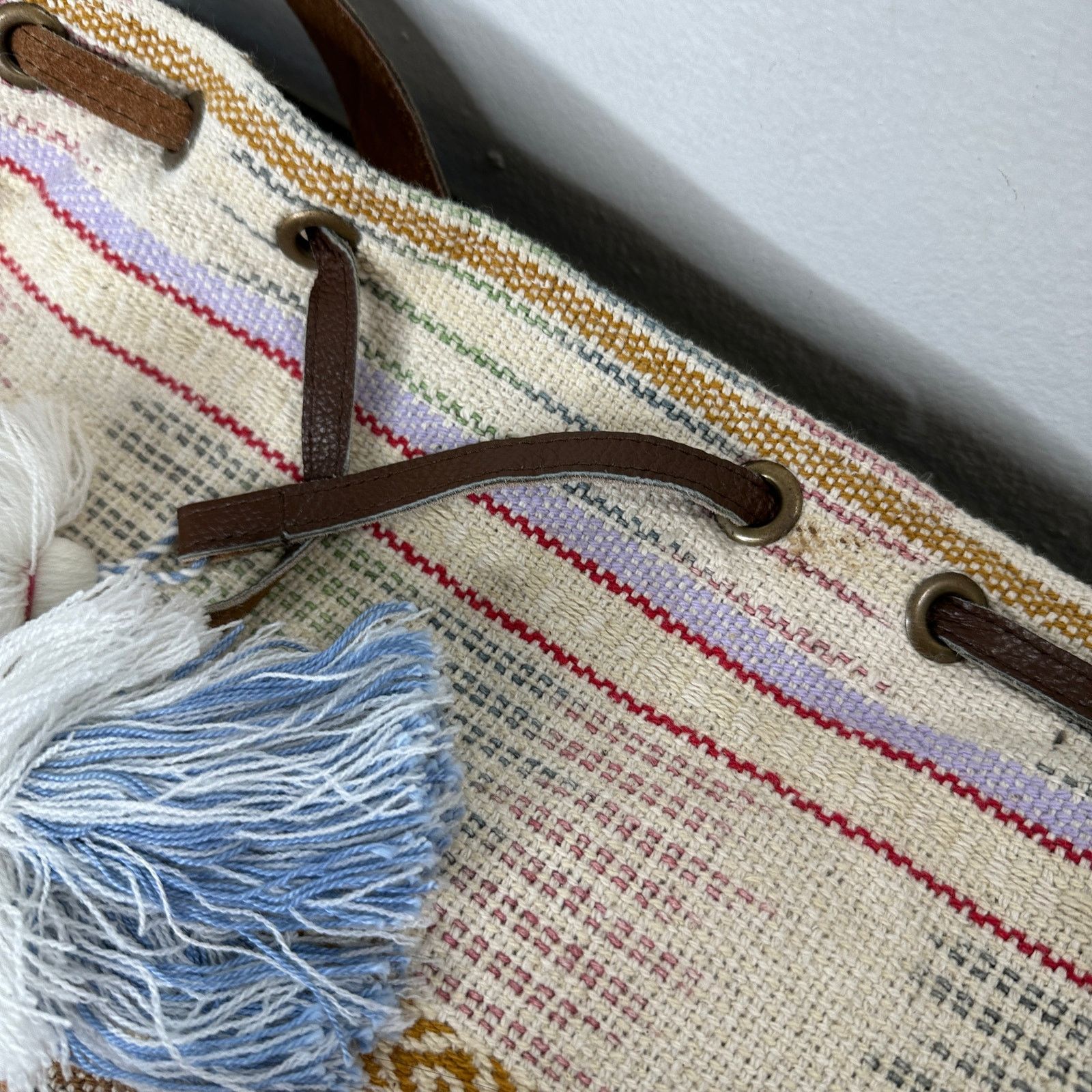 Other Lovestitch Tan Multicolor Striped Canvas Boho Bag Drawstring Size ONE SIZE - 7 Thumbnail