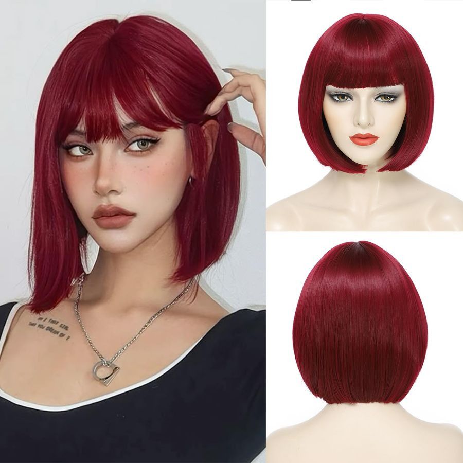 Other Burgundy Bob Wig With Bangs Short Straight Heat Resistant Size ONE SIZE - 1 Thumbnail