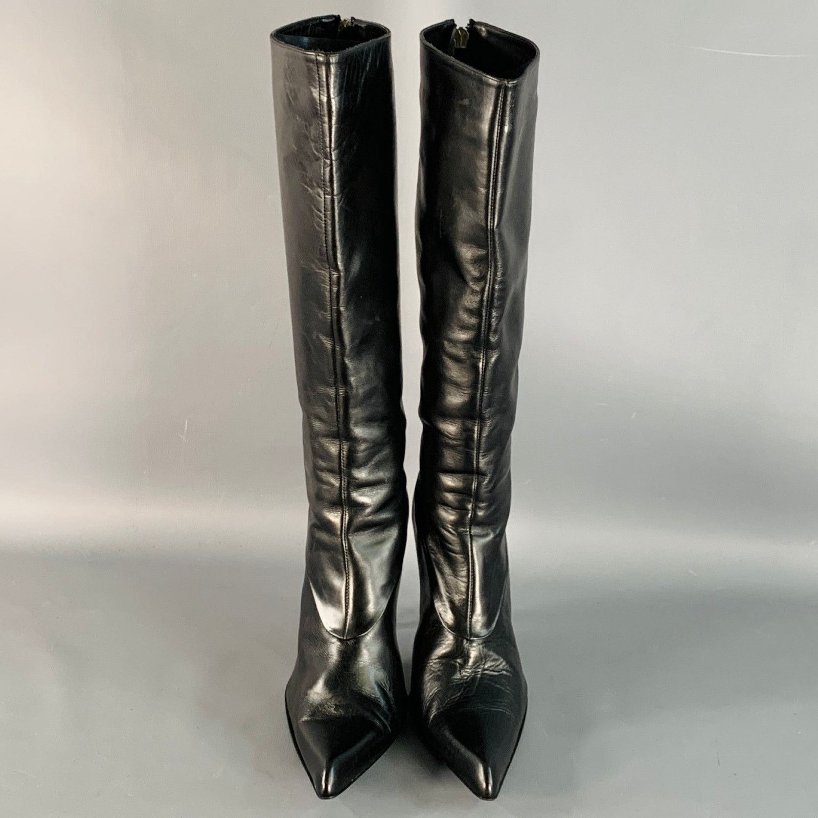 Les Copains 7 Black Silver Leather Back Zipper Calf High Stiletto Boots Size US 7 / IT 37 - 4 Thumbnail