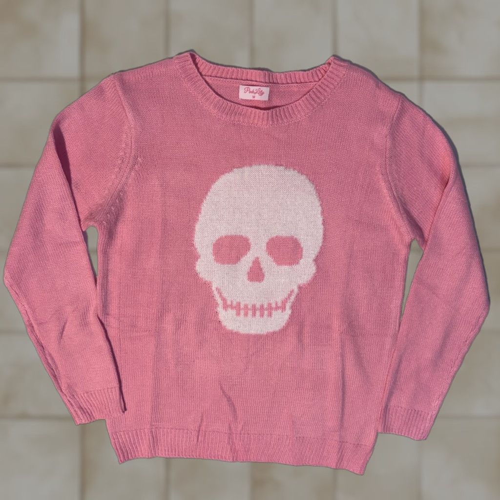 Vintage Pink Lily Sweater Shirt Womens Medium Pink Skull Knit Crew Neck Pullover Long Sleeve Size M / US 6-8 / IT 42-44 - 1 Thumbnail