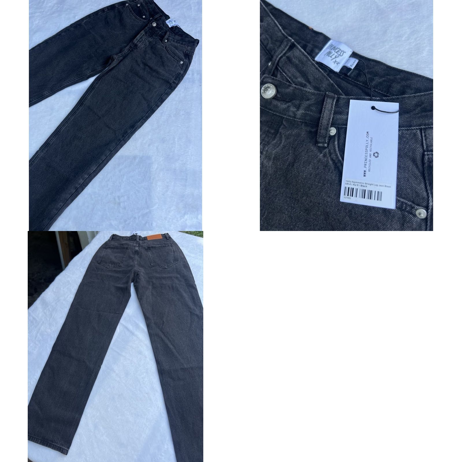 PRINCESS POLLY NWT Princess Polly Women's Black Asymmetrical Jeans Size 4 Straight Denim 29.5in Inseam Pockets Dark Wash Button Rise Mid Black - Womens Size 27" / US 4 / IT 40 - 8 Thumbnail