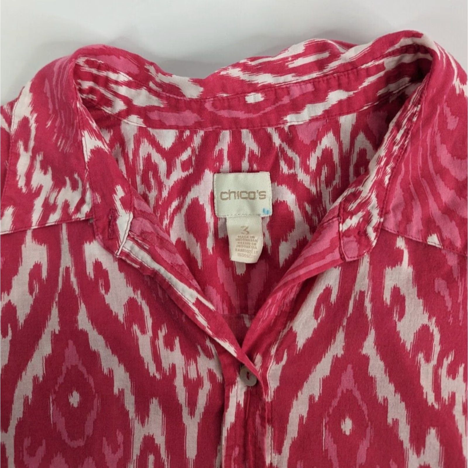 Vintage Chicos Shirt Womens Button-Up Damask Ikat Cotton Pink XL 3 US Sheer Sleeve Long Collared Size XL / US 12-14 / IT 48-50 - 7 Thumbnail