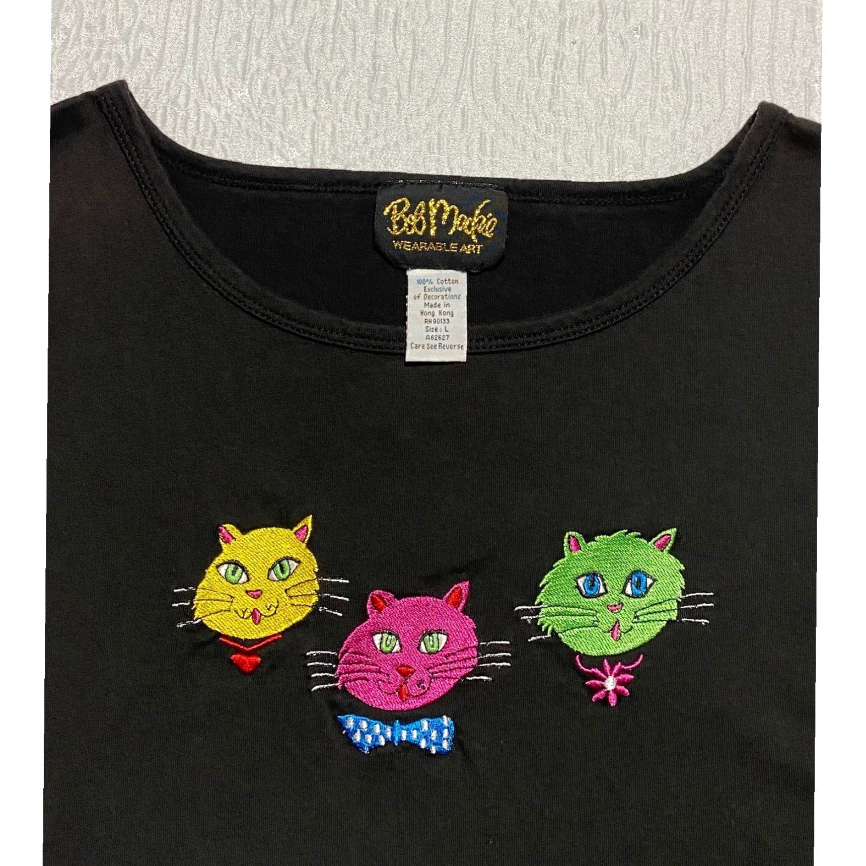 Bob Mackie VINTAGE Bob Mackie Shirt Womens L Black Embroidered Cat Faces Wearable Art 90s Tee Size L / US 10 / IT 46 - 2 Thumbnail