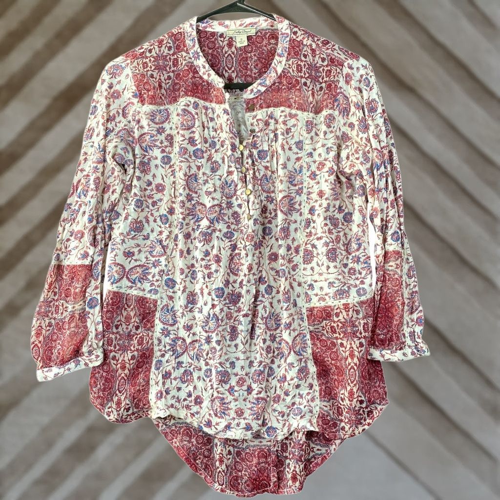 Lucky Brand Lucky Brand Blouse Red Multi Floral V-Neck Long Sleeve Sheer Small Womens Size S / US 4 / IT 40 - 1 Thumbnail