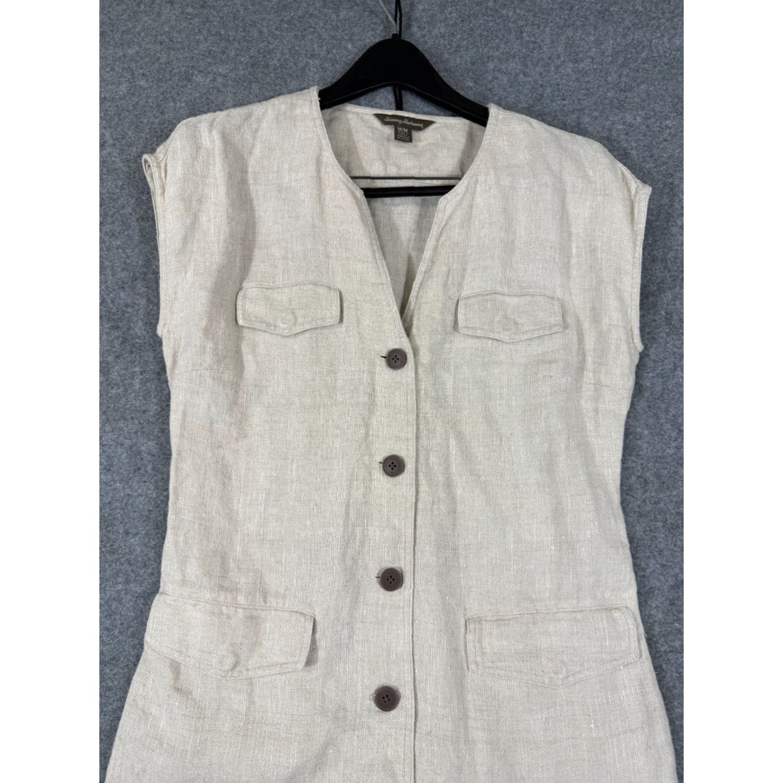 Tommy Bahama Tommy Bahama Linen Dress Womens M Beige Malene Stripe Pockets Button Front Dress Size M / US 6-8 / IT 42-44 - 3 Thumbnail
