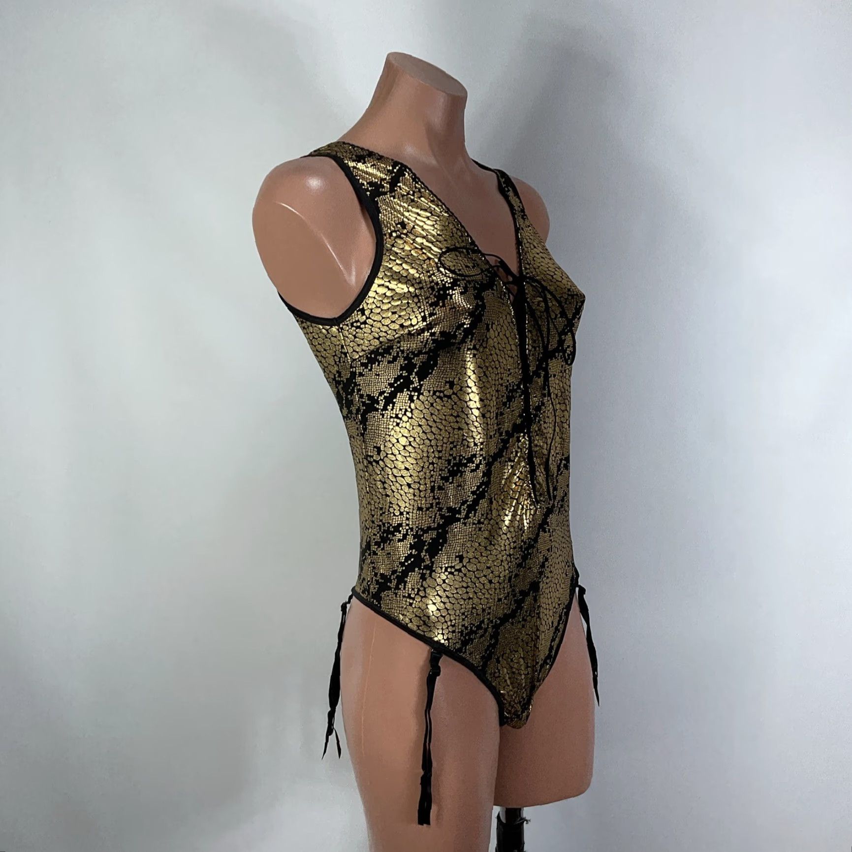 VINTAGE Frederick's of Hollywood Teddy Bodysuit Gold L 1990s Glam Rock Special Occasion Mens Womens Girls Boys