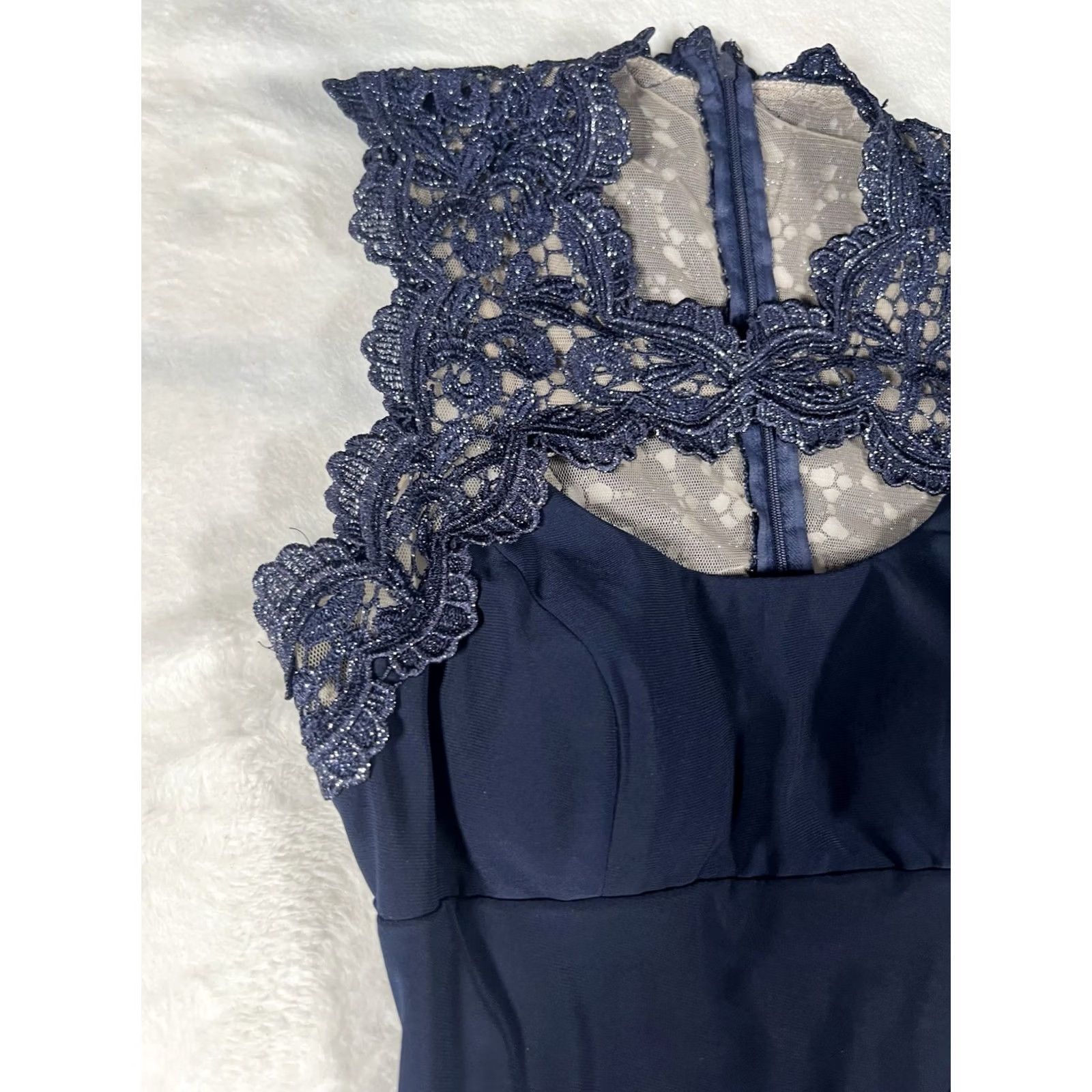 Vintage Cache' Navy Blue Net & Lace Key Hole Midi Dress - Sleeveless Ruched Waist Formal 2 NWT 14575 Size XS / US 0-2 / IT 36-38 - 3 Thumbnail