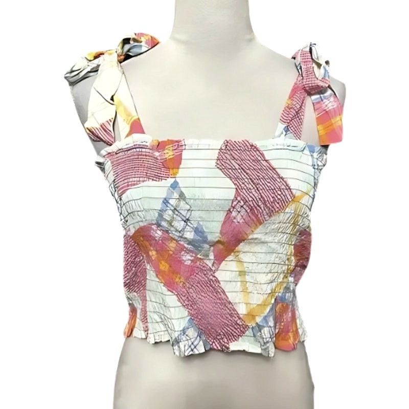 BP. BP Crop Top Smocked Shoulder Tie Geometric Multi Pastel NWOT Size L / US 10 / IT 46 - 1 Thumbnail