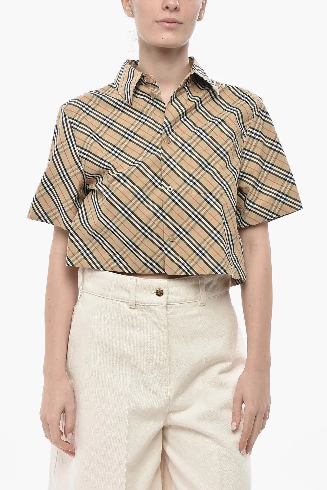Burberry og1mm0426 Cropped Fit Cotton Tartan Shirt in Beige Size S / US 4 / IT 40 - 1 Thumbnail