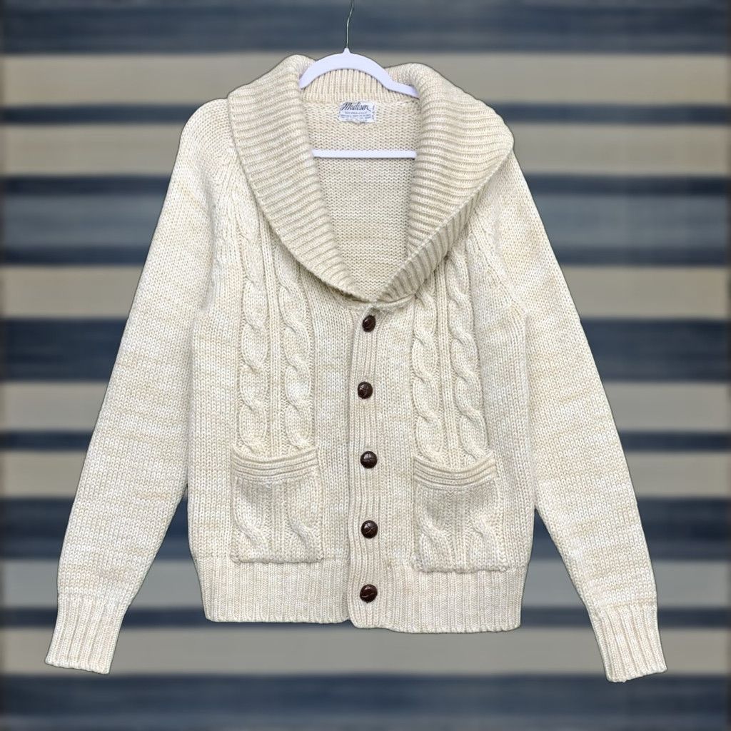 Sears Vintage Sears Cardigan Sweater Mens M Cable-Knit Shawl Collar 90s Ivory Knit Fisherman Pattern Solid Wool? Acrylic Size US M / EU 48-50 / 2 - 1 Thumbnail