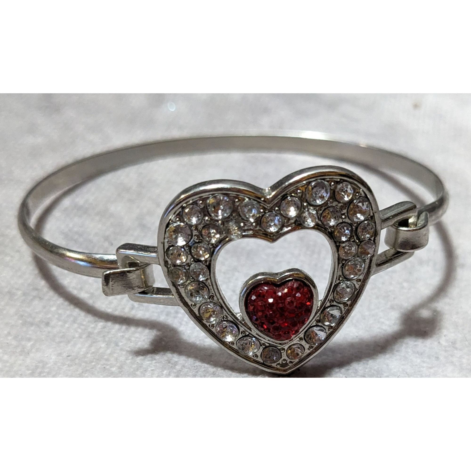 Other Silver And Red Gemmed Heart Bangle Bracelet Size ONE SIZE - 5 Thumbnail