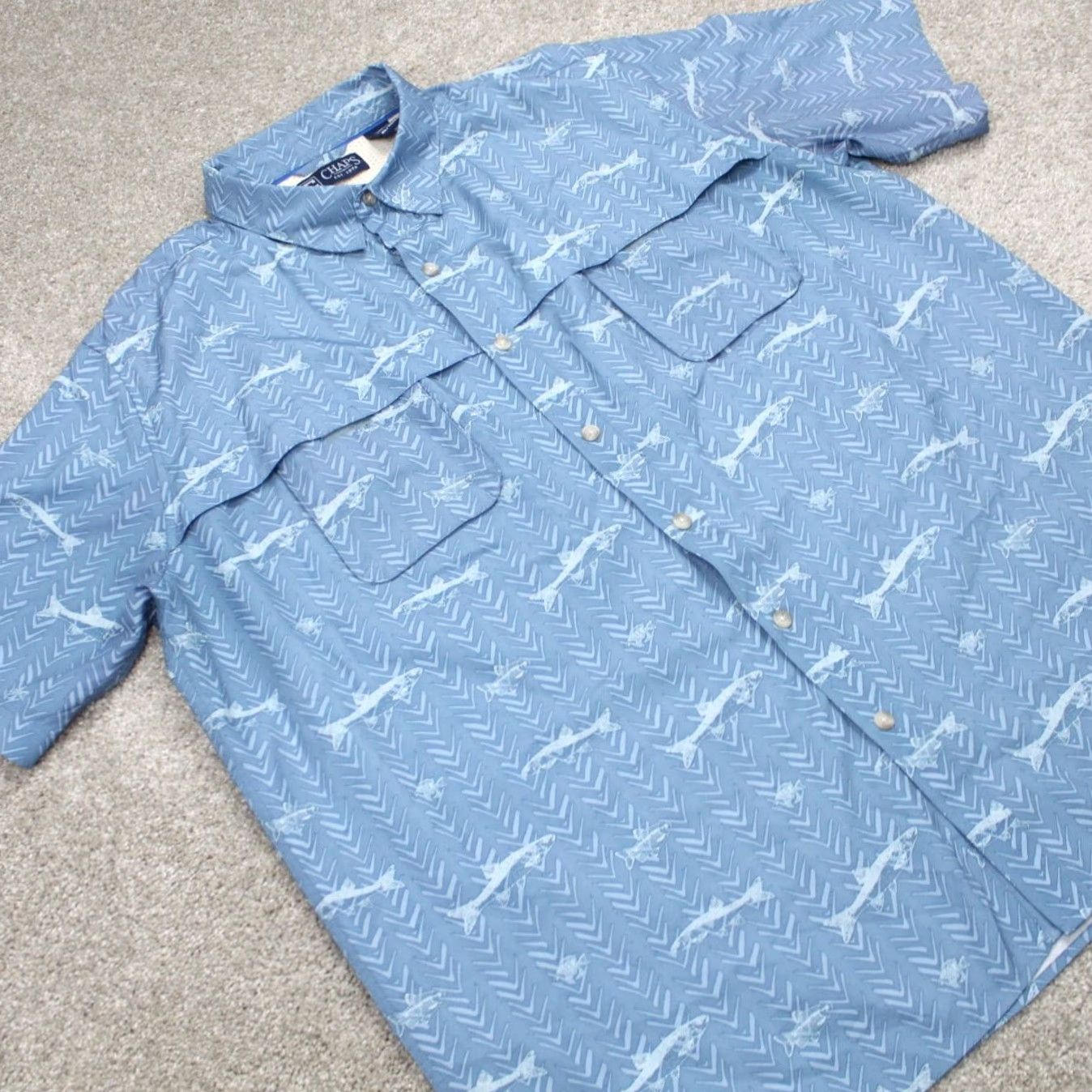 Chaps Chaps AOP Shirt Mens XL Blue Quick Dry Shark Print S/S Snap Collar Shirt Size US XL / EU 56 / 4 - 5 Thumbnail