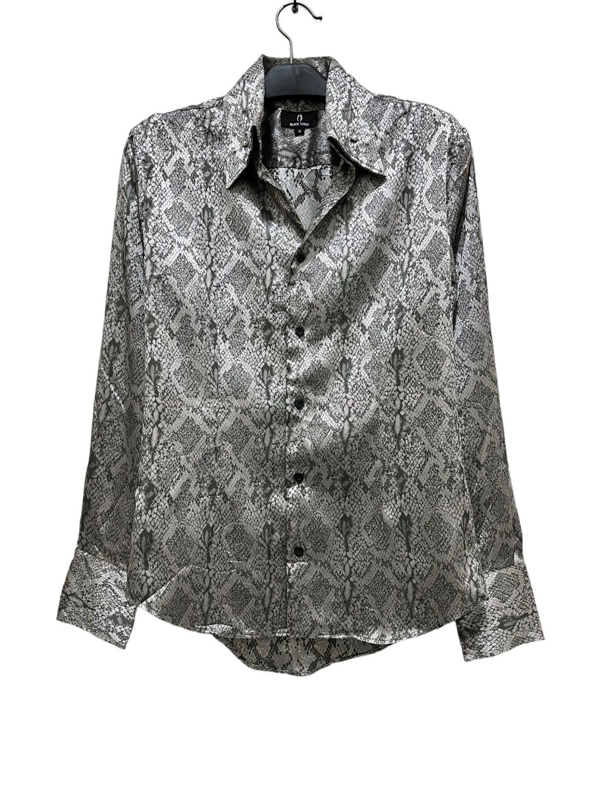 Black varia sateen phyton pattern button up shirt