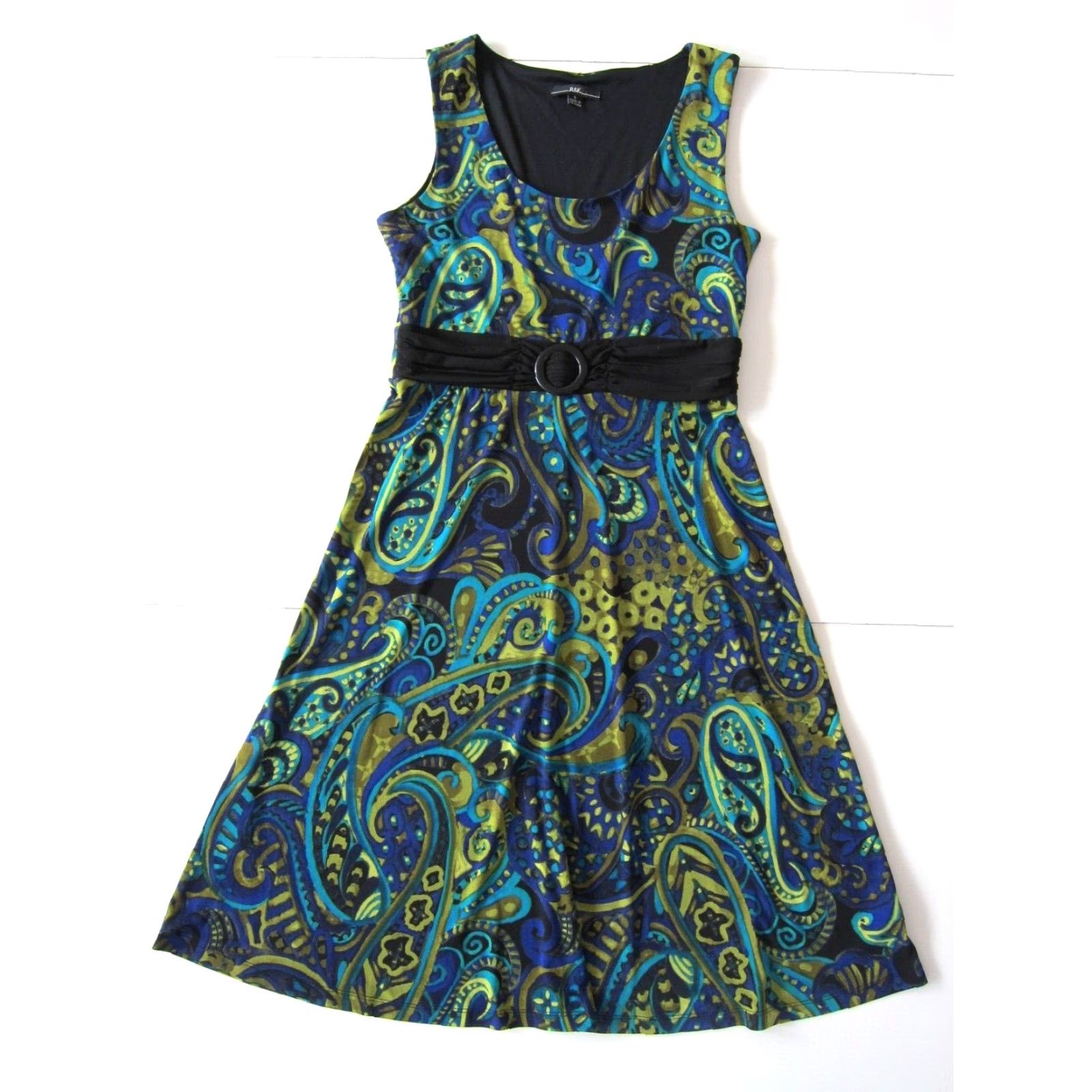 Vintage R&K Blue Green Black Yellow Stretch Sleeveless Empire Waist Tank Dress Small Size S / US 4 / IT 40 - 2 Thumbnail