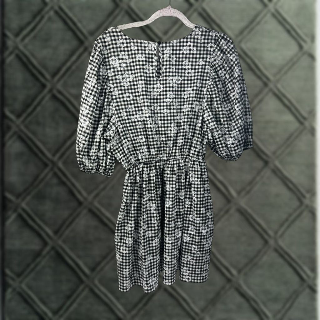 VINTAGE NWT Self Contrast Dress Women L Black And White Checkered Floral  Knee Length 3/4