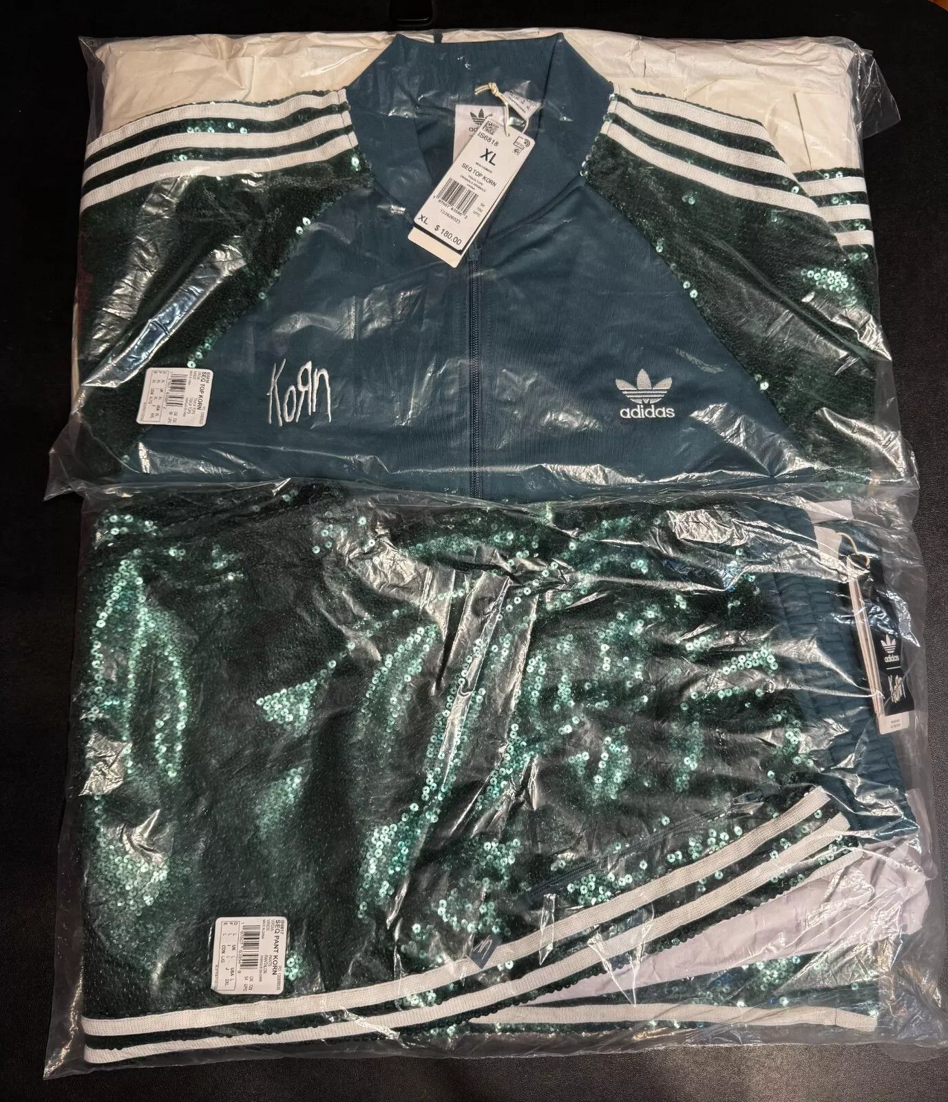 Adidas KoRn Adidas Green Sequin Track Suit Set XL Jacket & L Pants Size US XL / EU 56 / 4 - 1 Thumbnail