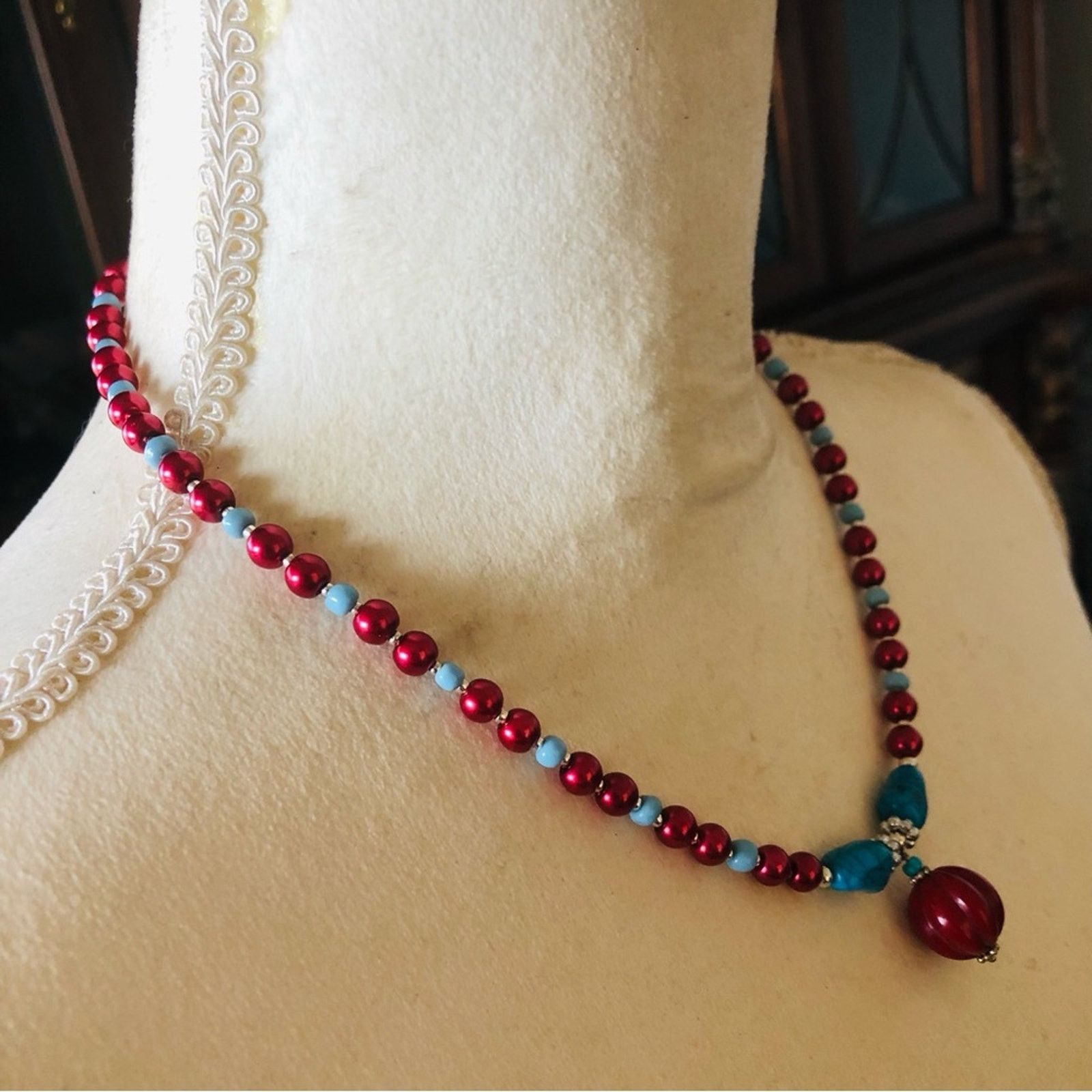 Handmade Handcrafted repurpose carved red coral stone Pearl necklace Size ONE SIZE - 3 Thumbnail