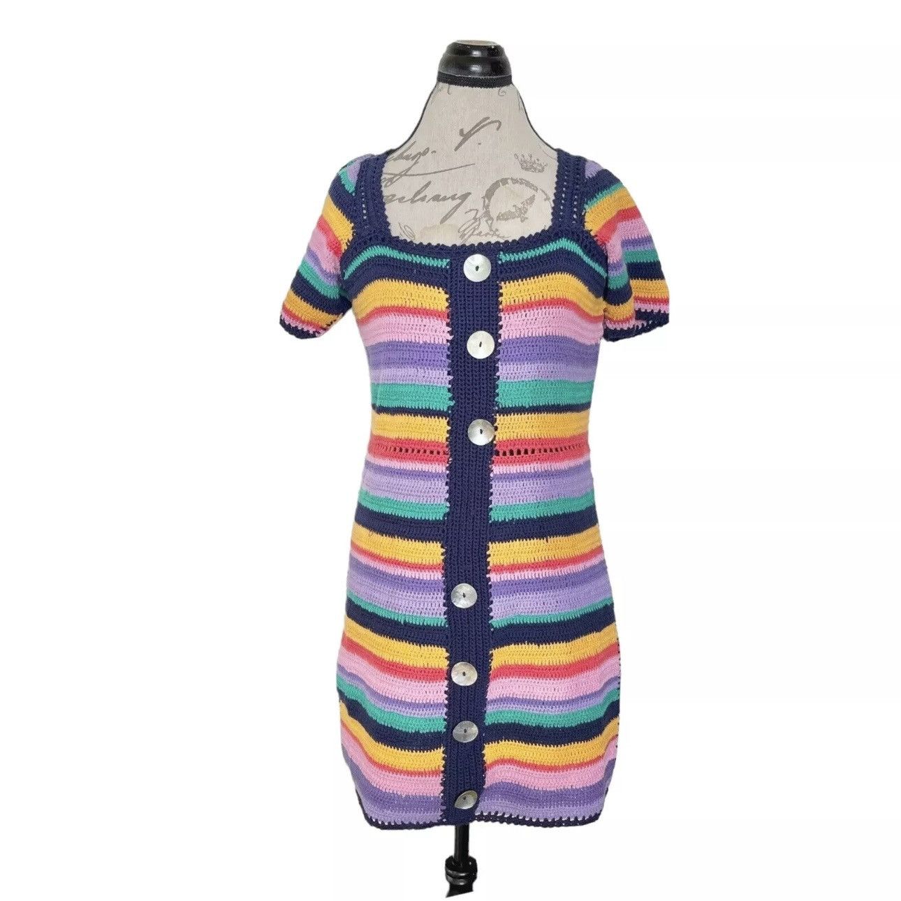 Farm Rio Anthropologie Farm Rio Renata Sweater Dress Knit Crochet Size XS / US 0-2 / IT 36-38 - 2 Thumbnail
