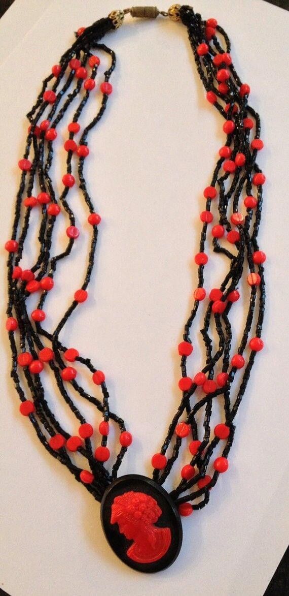 Handmade Multi Strand Red & Black French Jet Glass Bead Necklace Size ONE SIZE - 2 Thumbnail
